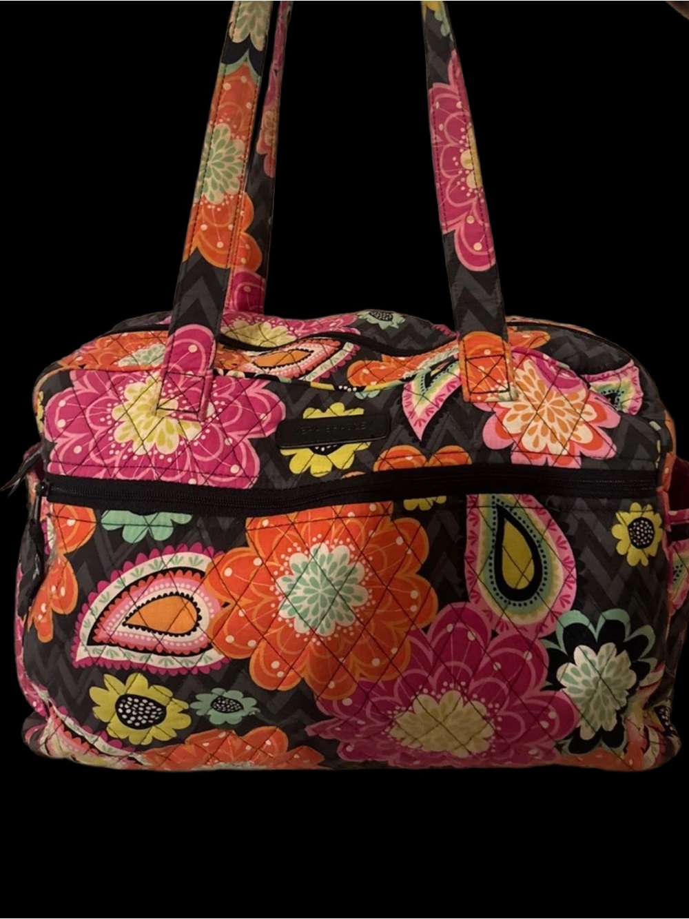 Vera Bradley Quilted “Ziggy” Floral Tote Bag in Black with Pink & Orange Accents